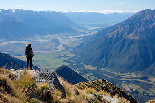 Mountain Summit Perspective: Hiker Overlooking a Valley