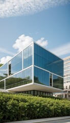 a modern glass building adorned with lush green plants, trees, and bushes, embodying the principles of business architecture, environmental friendliness, and eco-concept. 3D render