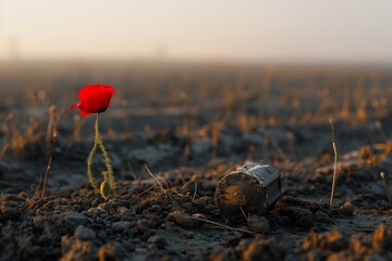 A poignant image of a single, bright red poppy growing in the center of an otherwise barren field, with a deactivated mine partially buried in the soil nearby.