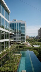 a modern glass building adorned with lush green plants, trees, and bushes, embodying the principles of business architecture, environmental friendliness, and eco-concept. 3D render