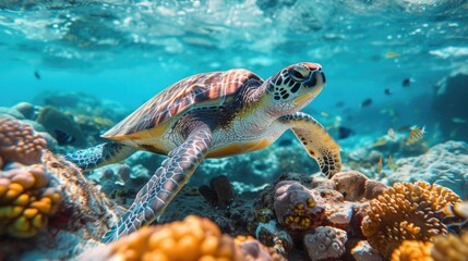 Obraz na płótnie Canvas Graceful Turtle Swimming in Coral Reef