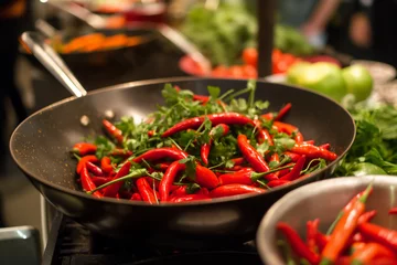 Zelfklevend Fotobehang red hot chili peppers in pan © Poprock3d