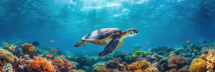 Tuinposter Graceful Turtle Swimming in Coral Reef © Landscape Planet