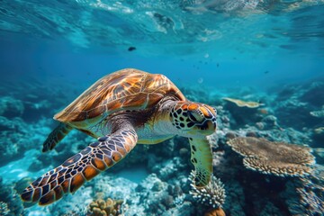 Graceful Turtle Swimming in Coral Reef