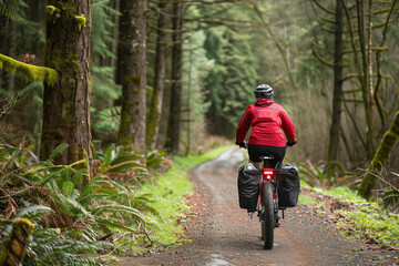 Naklejka premium Touring Cyclist Exploring Misty Forest Path