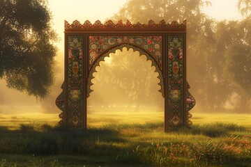 A pristine, early morning landscape showcasing a tranquil field bathed in the soft, golden light of dawn, with a beautifully decorated  symbolizes the entrance to the celebration of Eid ul Fitr. - obrazy, fototapety, plakaty
