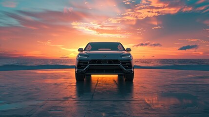 Sunset Drive with Luxury SUV, sleek compact SUV is showcased on a reflective concrete surface, against a dramatic sunset over the calm sea, highlighting the vehicle's modern design - obrazy, fototapety, plakaty