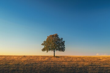 A serene image of a single tree standing tall in the middle of a vast, open field under the clear blue sky, symbolizing growth, strength, and sustainability on Earth Day.