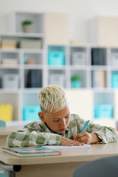 Concentrated elementary school student taking notes