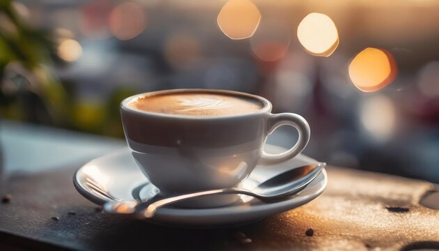 High-quality photo , A white Cup Of Coffee On A Saucer With A Spoon, A Tilt Shift Photo,
