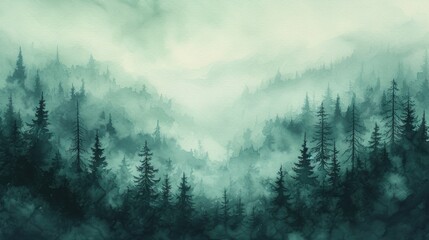Mystical Watercolor Forest in Mist - obrazy, fototapety, plakaty
