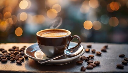 High-quality photo , A white Cup Of Coffee On A Saucer With A Spoon, A Tilt Shift Photo,