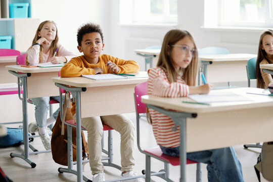 Diverse elementary students in class