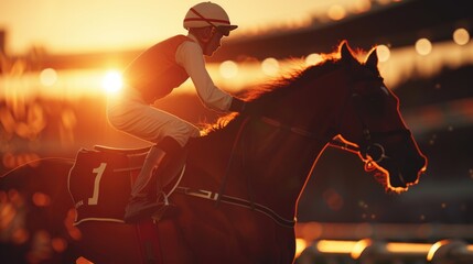 Racehorse and Jockey at Sunset, jockey in racing silks rides a galloping racehorse against a dramatic sunset backdrop, capturing the intensity and thrill of horse racing - obrazy, fototapety, plakaty