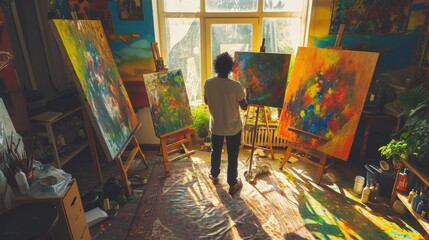 An artist painting in a sunlit studio, canvas filled with vibrant colors, capturing the creative process. Resplendent.