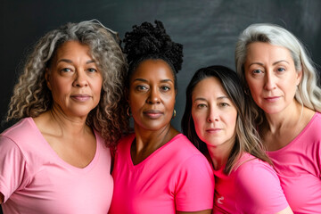 four women of different ages and ethnicities, wearing pink t-shirts,