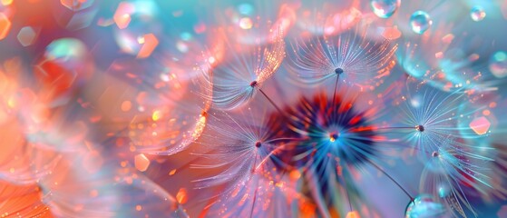 Iridescent Wavelengths: Dandelion's tranquil wavy form shimmers with iridescence. - obrazy, fototapety, plakaty