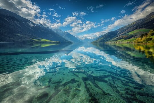 An awe-inspiring image of a crystal-clear lake reflecting the surrounding mountains and sky, showcasing the pristine beauty of nature on Earth Day.