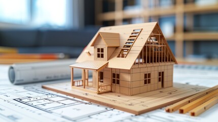 a model house sitting on top of a blueprint