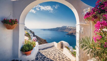 High-quality photo , view of arched gate with a view to the sea beach living Santorini island