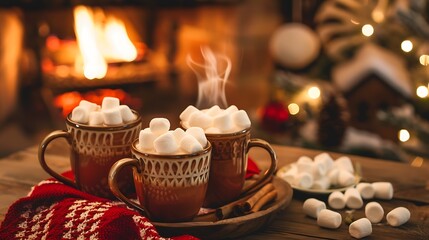 Obraz na płótnie Canvas A cozy fireplace setting with mugs of hot cocoa topped with marshmallows