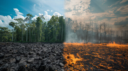 Natural forest fire - environmental problems - obrazy, fototapety, plakaty