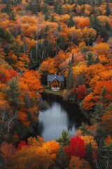 Sunset over Secluded Autumn Cabin by River