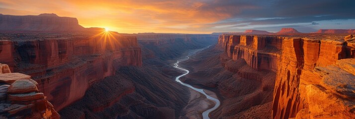 Sunset illuminates the river in the canyon