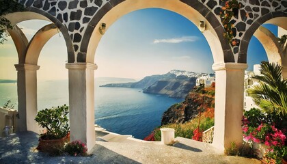 High-quality photo , view of arched gate with a view to the sea beach living Santorini island - obrazy, fototapety, plakaty