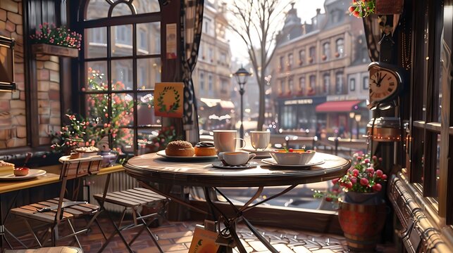 A cozy cafe scene with pastries, coffee, and a view of the city streets