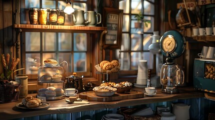 A cozy cafe scene with freshly brewed coffee and a selection of pastries - obrazy, fototapety, plakaty