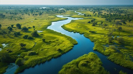 Fototapeta na wymiar Serpentine River Flowing Through Vibrant Green Savannah