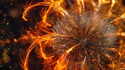 Radiant Whirl: Macro view showcases dandelion's shiny, glittery petals in motion.