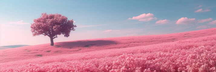 A field of bright pink flowers and a lone tree