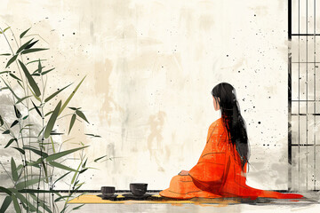 Female figure in orange kimono against an abstract background. Modern digital illustration with traditional elements. Japanese culture and elegance concept for design and decorative print