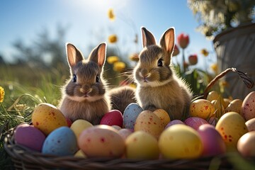 Cute Easter bunnies among colored eggs in baskets on a green lawn on a sunny day