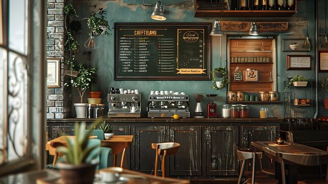 A cozy cafe scene with a chalkboard menu, vintage decorationand freshly brewed coffee