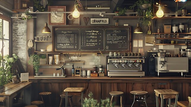 A cozy cafe scene with a chalkboard menu, vintage decorationand freshly brewed coffee