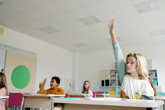 Answer anticipation back to school pupil classmate raise up hand 