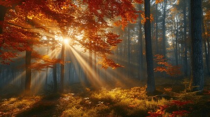 Sunrise in Forest with Radiant Sunbeams and Autumn Colors