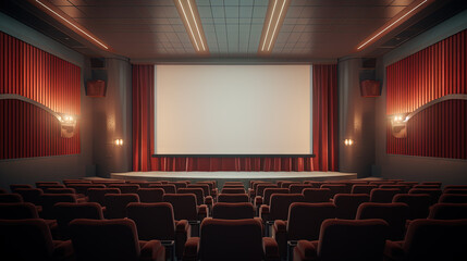 Fototapeta premium Cinema interior with seats and white screen. Movie theater room with chairs.