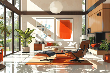 Modern living room with mid-century furniture and large windows. Digital illustration showcasing interior design and home decor. Contemporary living and style concept for print and poster design