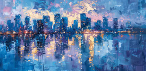 A painting depicting a cityscape at night, with tall buildings illuminated by streetlights and glowing windows, set against a dark sky.