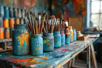 Colorful paintbrushes in jars against a backdrop of a vividly painted art studio, suggesting the lively atmosphere of creativity