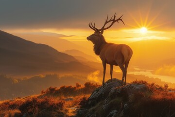 A deer overlooking the sunset in the landscape - obrazy, fototapety, plakaty