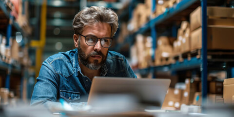 Fototapeta premium A focused businessman with a beard and glasses is seen working diligently on his laptop in a busy warehouse setting.