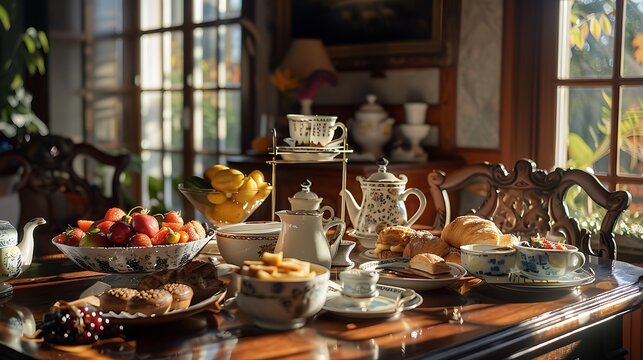 A cozy breakfast nook with a spread of pastries, fruits, and freshly brewed coffee