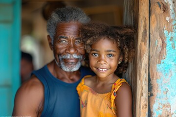 grandfather looks straight into the camera with his granddaughter, they are both smiling
