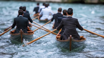 Group of businessmen in suits row oars in a boat on the river at competition, concept of perfect candidate and team building work with colleagues.