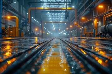 Dazzling reflections on wet industrial tracks lead the eye through a large manufacturing complex